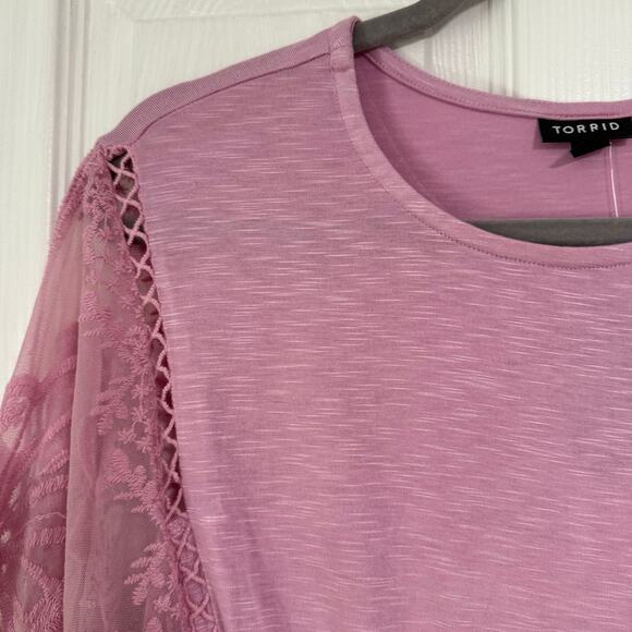 Torrid New Mauve Knit Crew Neck Lace Dolman Sleeve Baby Doll Top Size 1 - Picture 4 of 16